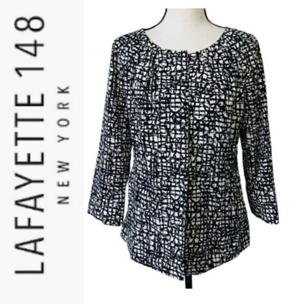 LAFAYETTE 148 Black White Cotton Button Front 3/4 Sleeve Lined Jacket Size 4